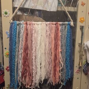 Hand Crafted Blue, Pink, Coral and Cream Yarn Wall Hanging